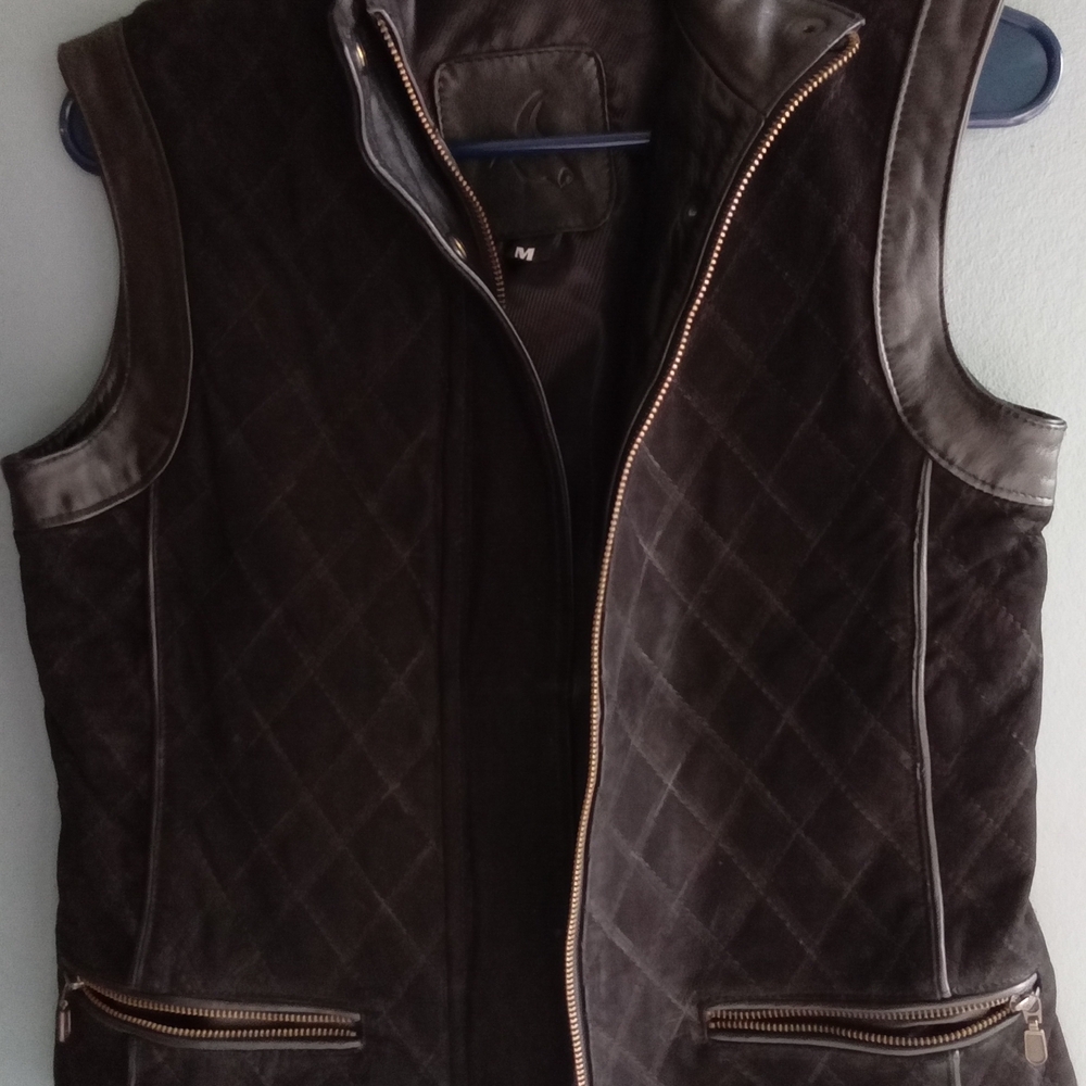 Diamond‎ Quilted Suede Vest with Leather Trim Black Mens Medium Zip Up Jacket